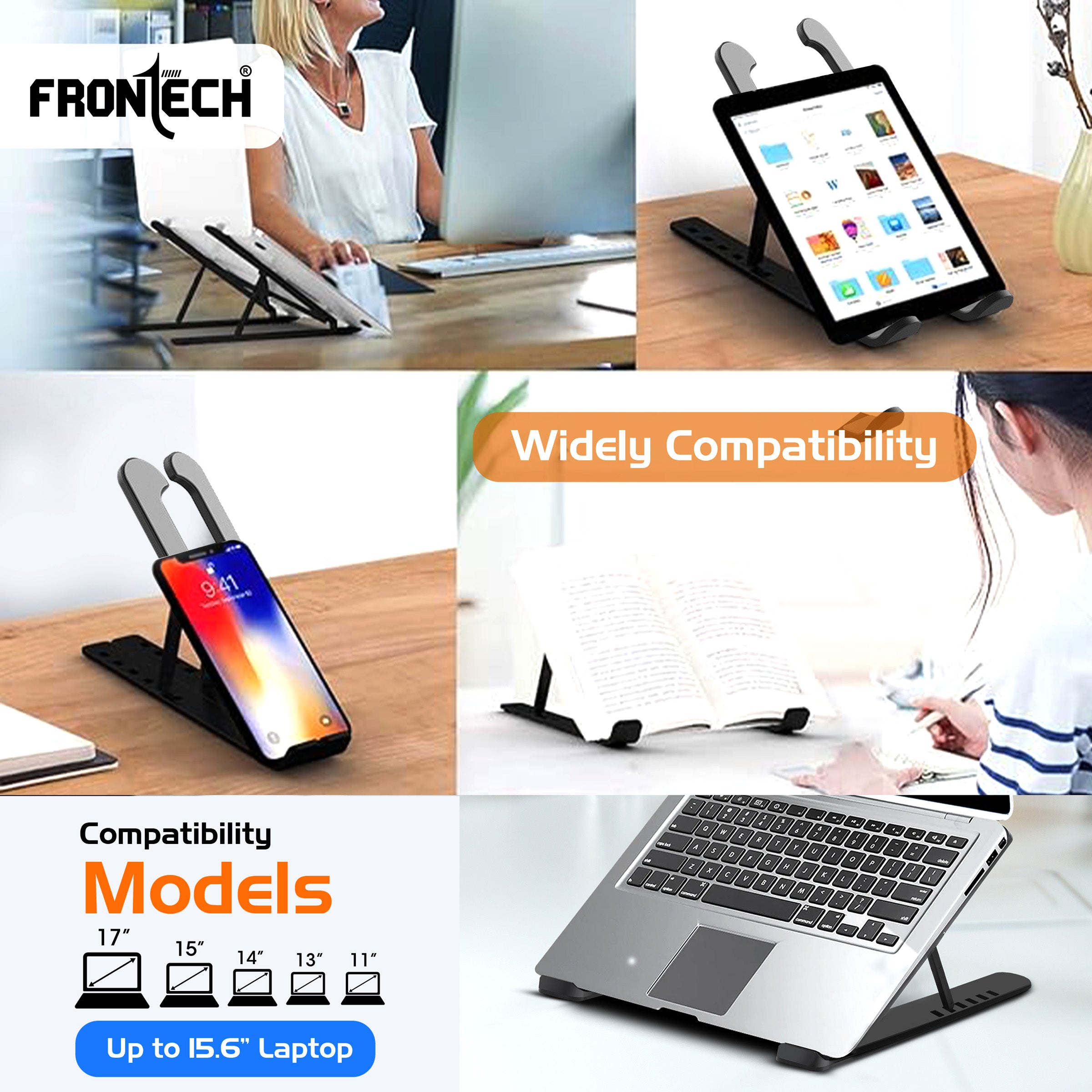 Frontech Laptop Stand Featuring Portable Foldable Design, Anti-Slip Silicone Rubber Pads, Supports Maximum of 5kgs Weight, 6 Adjustable Levels.(CP-0010) Frontech Laptop Stand Featuring Portable Foldable Design, Anti-Slip Silicone Rubber Pads, Supports Maximum of 5kgs Weight, 6 Adjustable Levels.(CP-0010)